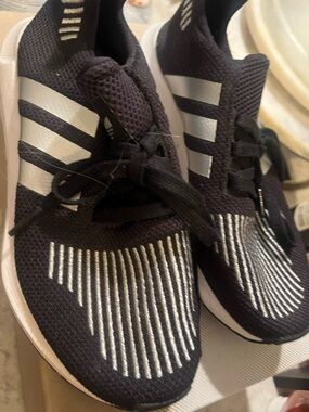 adidas Kids Black and Silver Athletic Sneakers with Reflective Stripes